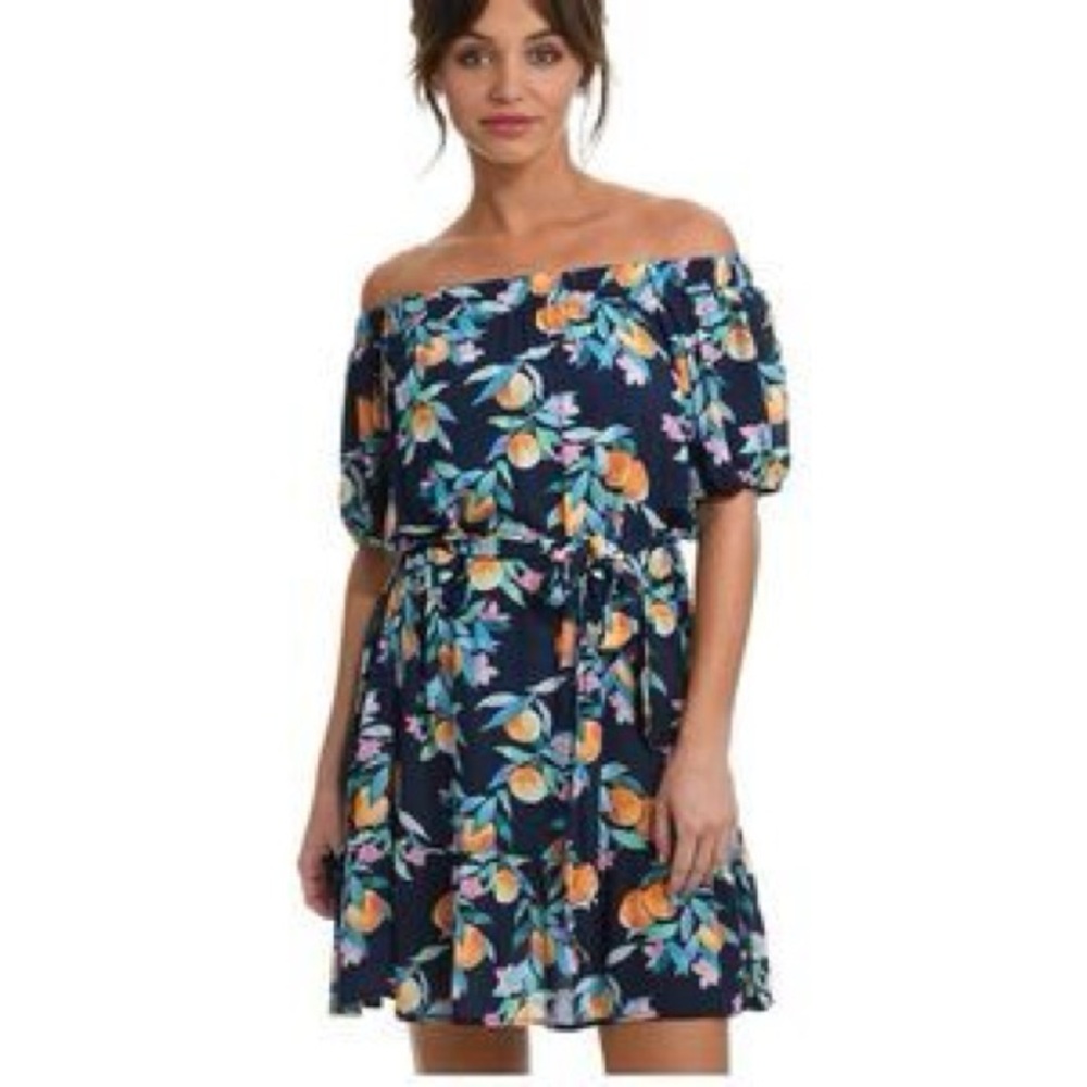 NWT- SUNSHINE 79 Floral Peaches Off-Shoulder Mini Dress